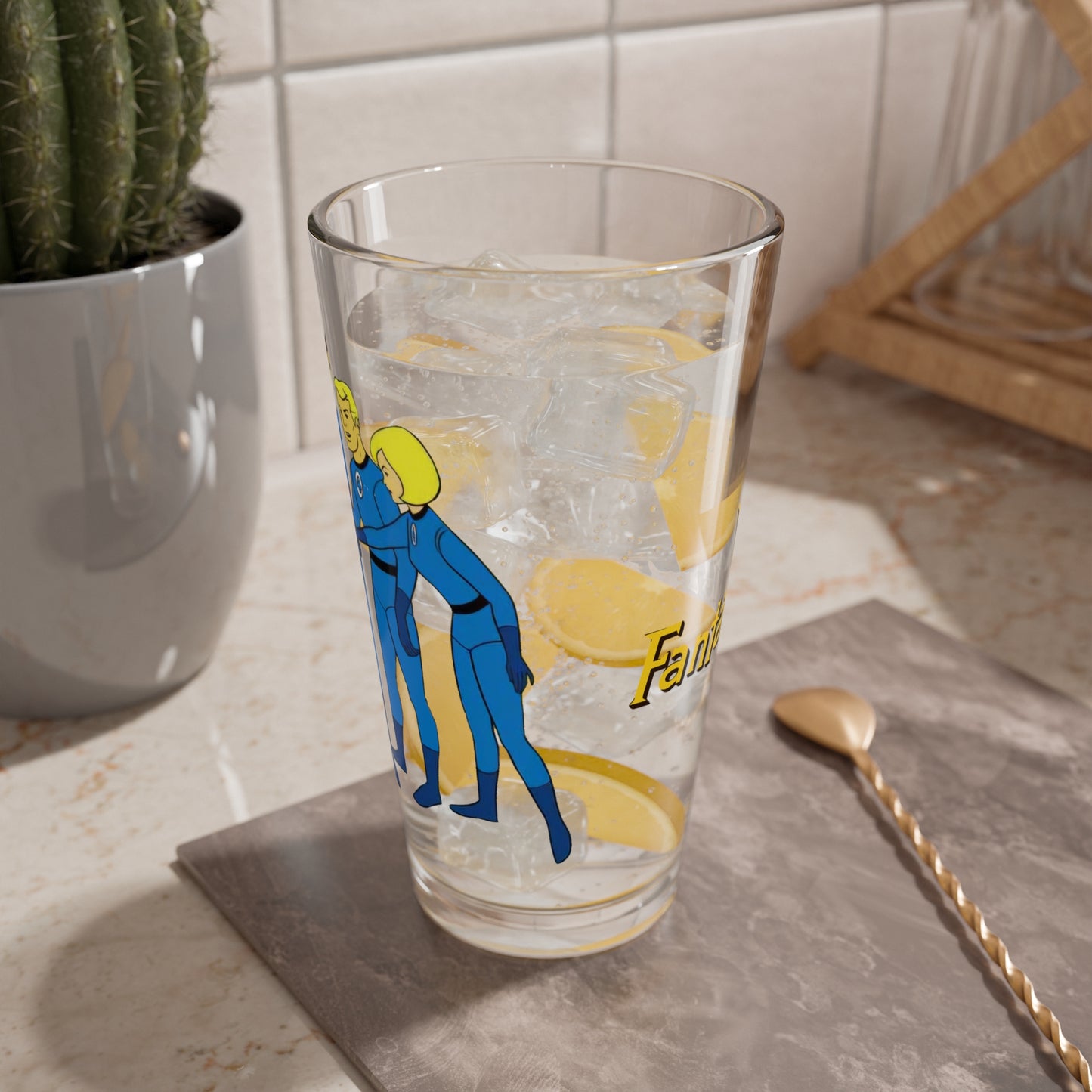 Fantastic Four Pint Glass, 16oz - Hanna-Barbera 1960s Cartoon - Marvel Comics TV Series - Human Torch, The Thing, Invisible Woman, Reed Richards