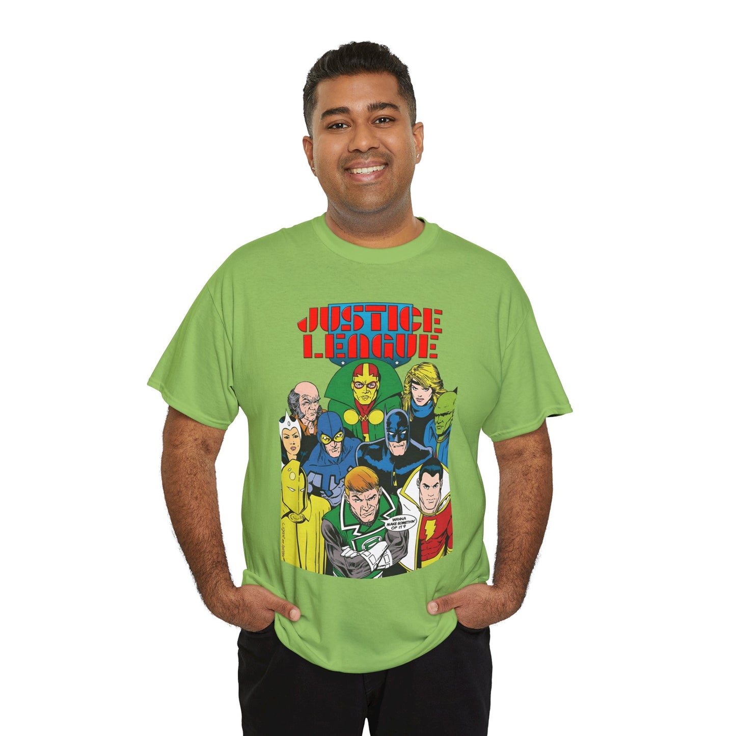 Justice League International T-Shirt - Kevin Maguire Art - JLI - DC Comics - Blue Beetle, Dr Fate, Batman, Mr Miracle, Martian Manhunter - Guy Gardner