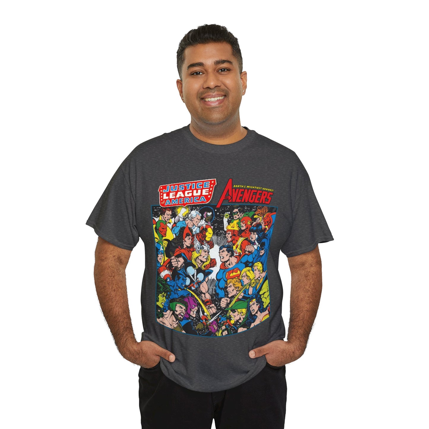 Justice League/Avengers T-Shirt - DC & Marvel Comics Art - George Perez - JLA - Batman, Captain America, Iron Man, Green Lantern