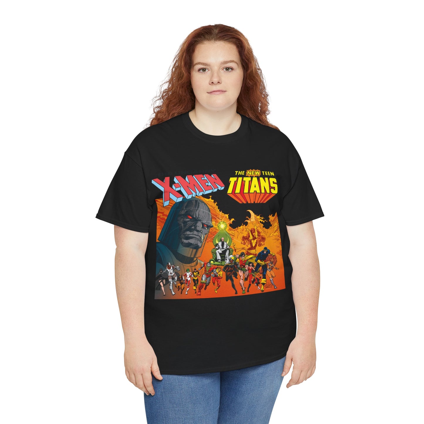 X-Men & New Teen Titans T-Shirt - Walt Simonson Art - Marvel & DC Comics Crossover - Wolverine, Raven, Storm, Cyclops, Robin, Cyborg, Colossus, Dark Phoenix, Darkseid