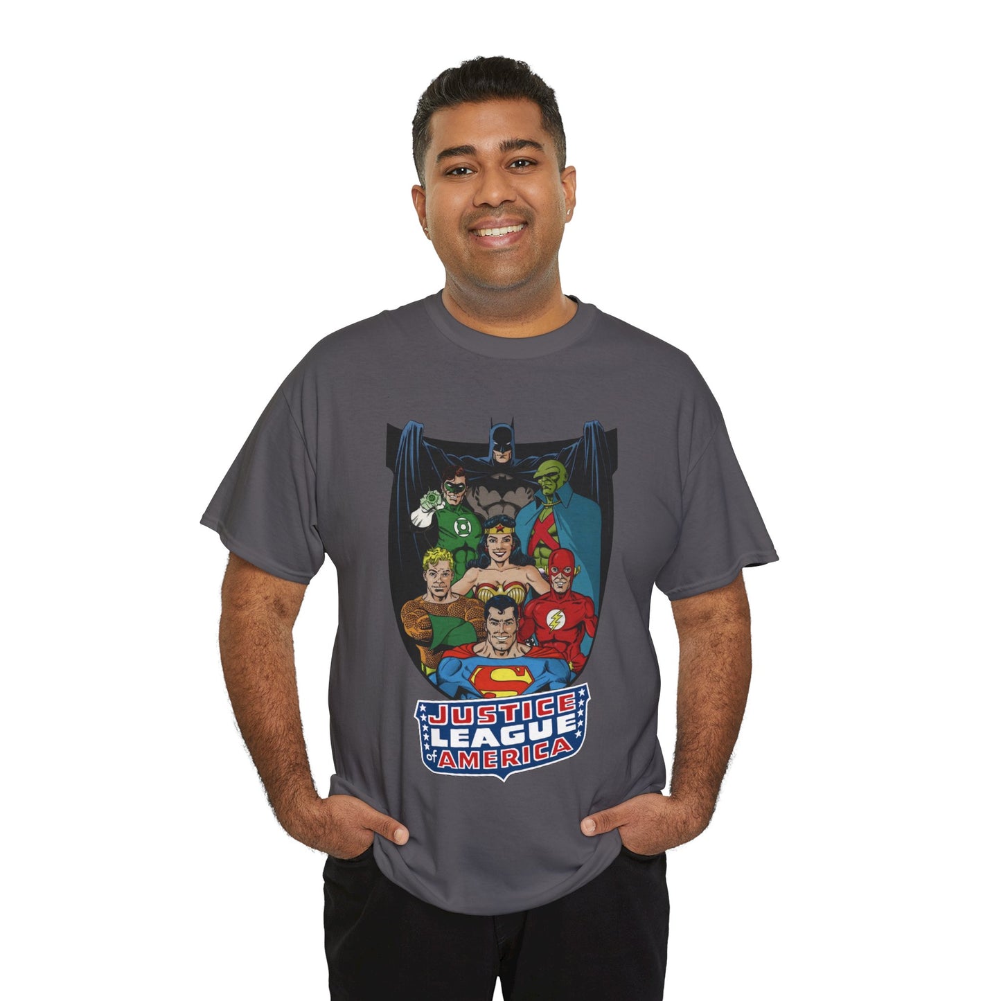 Justice League of America T-Shirt - George Perez Art - Superman, Wonder Woman, Batman, Aquaman, Martian Manhunter, Flash, Green Lantern - DC Comics