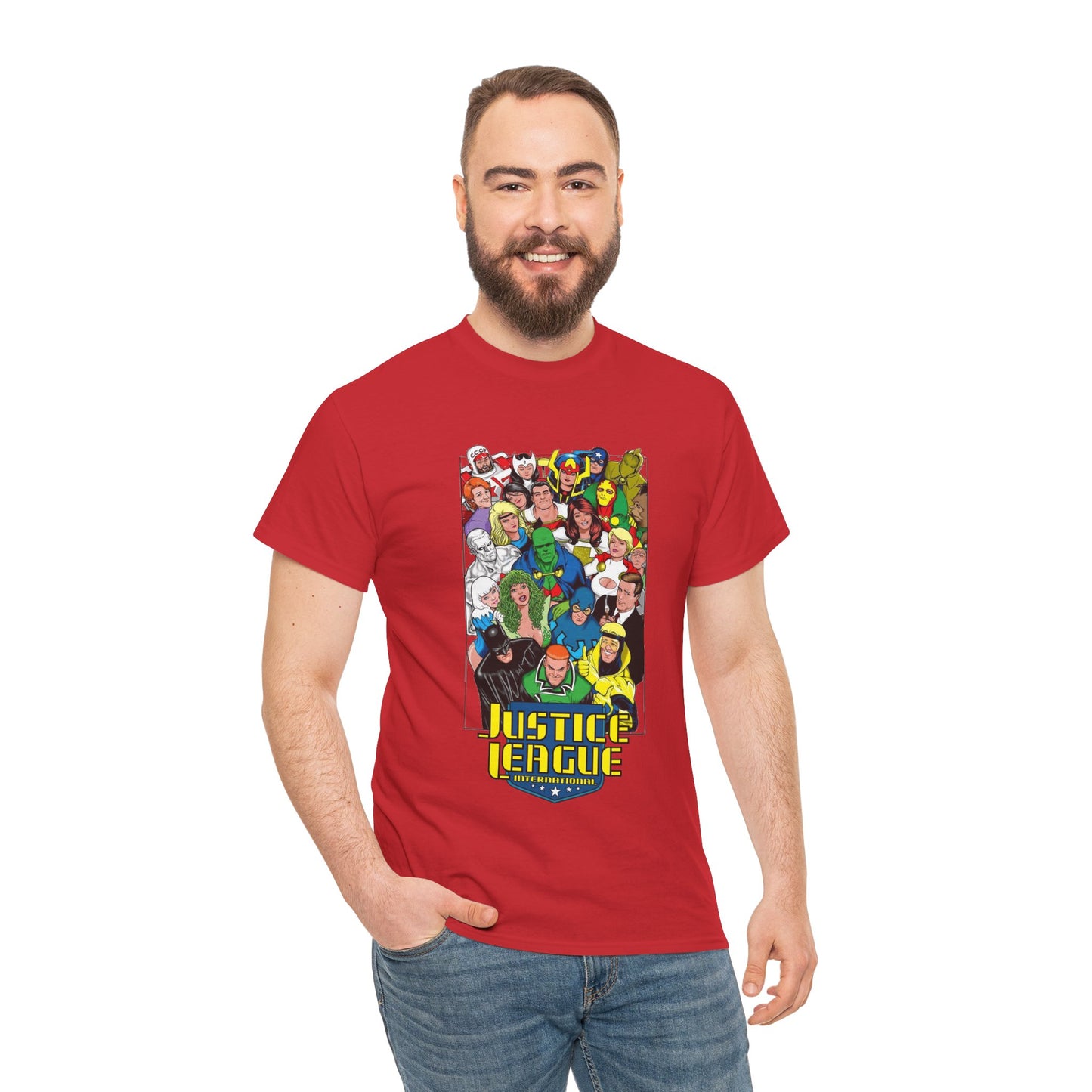 Justice League International T-Shirt - DC Comics - JLI - Kevin Maguire Art - Blue Beetle, Booster Gold, Martian Manhunter, Captain Atom