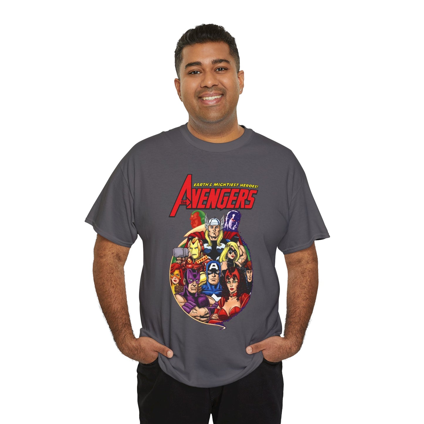Avengers T-Shirt - George Perez Art - Captain America, Vision, Wonder Man, Iron Man, Thor, Hawkeye, Scarlet Witch - Popular Marvel Comics Characters