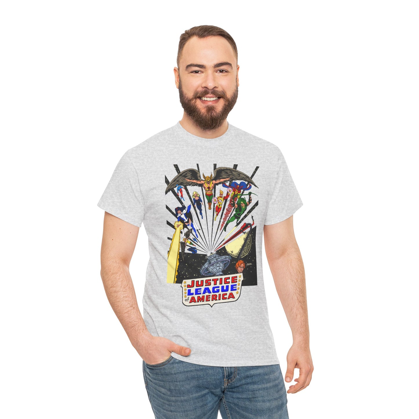 Justice League of America T-Shirt - George Perez Art - Bronze Age Satellite Era - DC Comics - Hawkman, Zatanna, Atom, Firestorm, Elongated Man, Green Arrow
