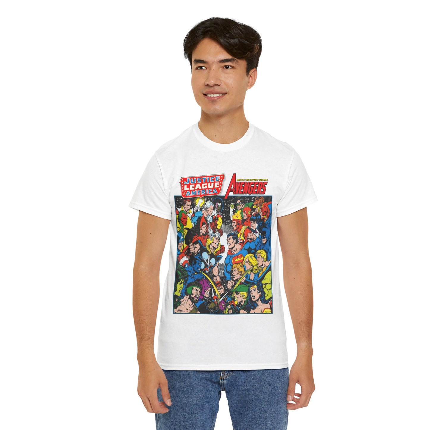 Justice League/Avengers T-Shirt - DC & Marvel Comics Art - George Perez - JLA - Batman, Captain America, Iron Man, Green Lantern