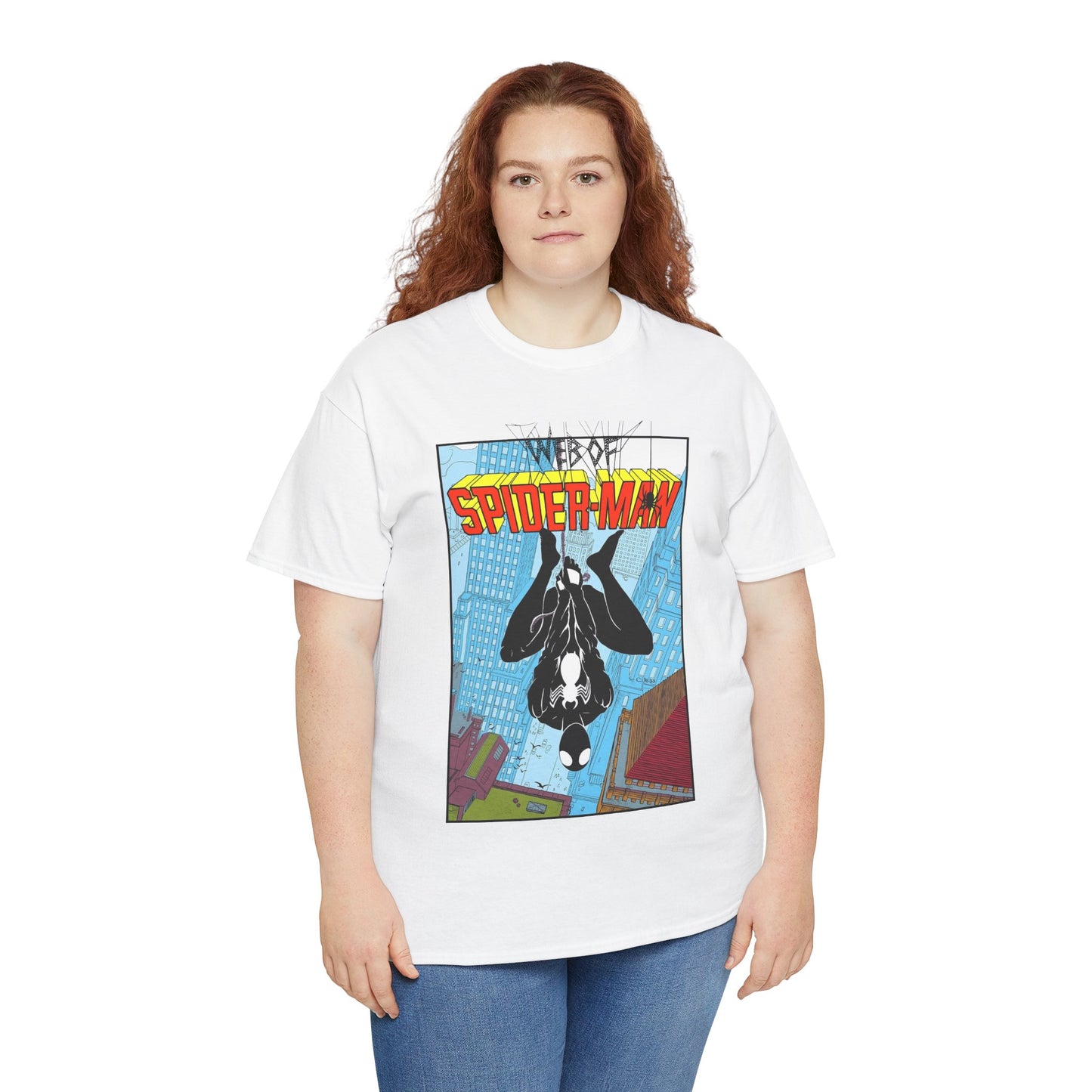 Web of Spider-Man T-Shirt - Charles Vess Art - Peter Parker, Web Slinger - Manhattan Skyline - Spidey Black Suit - Marvel Comics