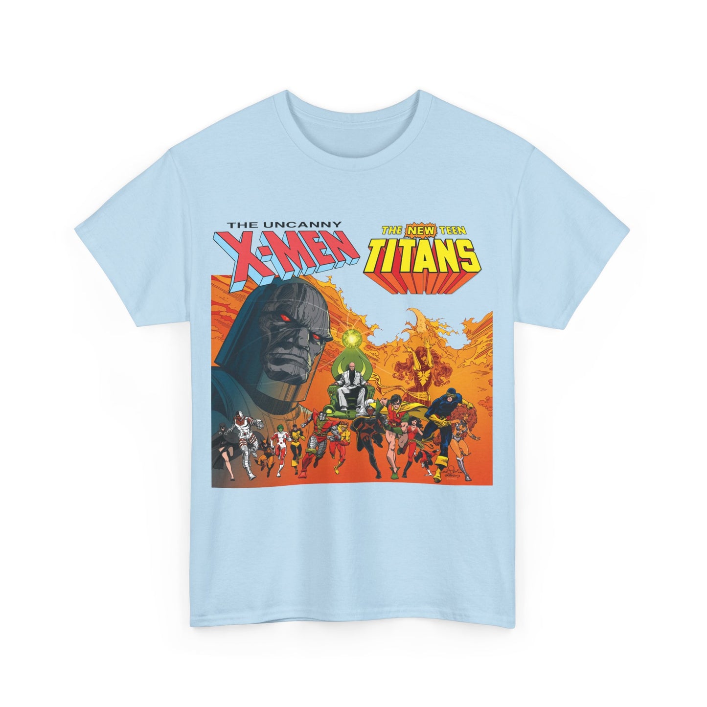 X-Men & New Teen Titans T-Shirt - Walt Simonson Art - Marvel & DC Comics Crossover - Wolverine, Raven, Storm, Cyclops, Robin, Cyborg, Colossus, Dark Phoenix, Darkseid