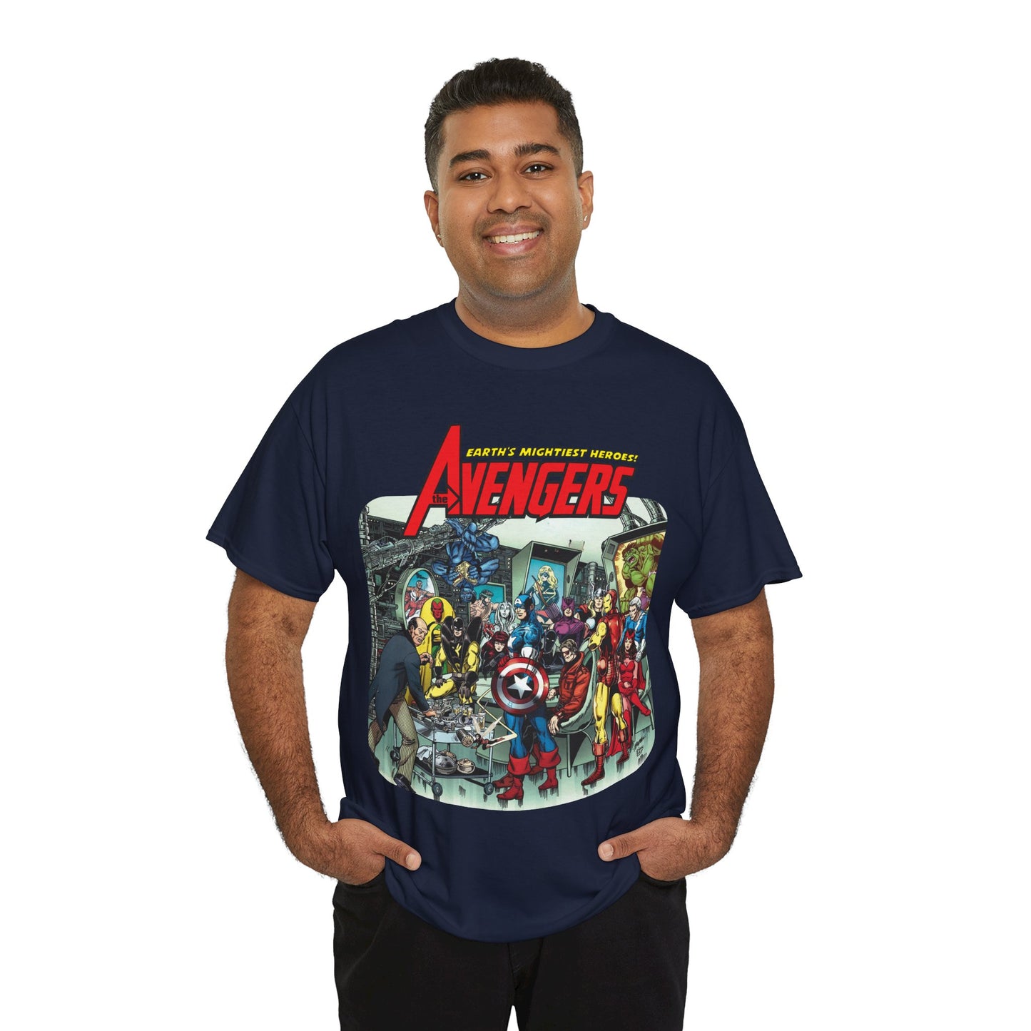Classic Avengers T-Shirt - George Perez Art - Captain America, Hawkeye, Iron Man, Vision, Scarlet Witch, Quicksilver, Jarvis - Marvel Comics