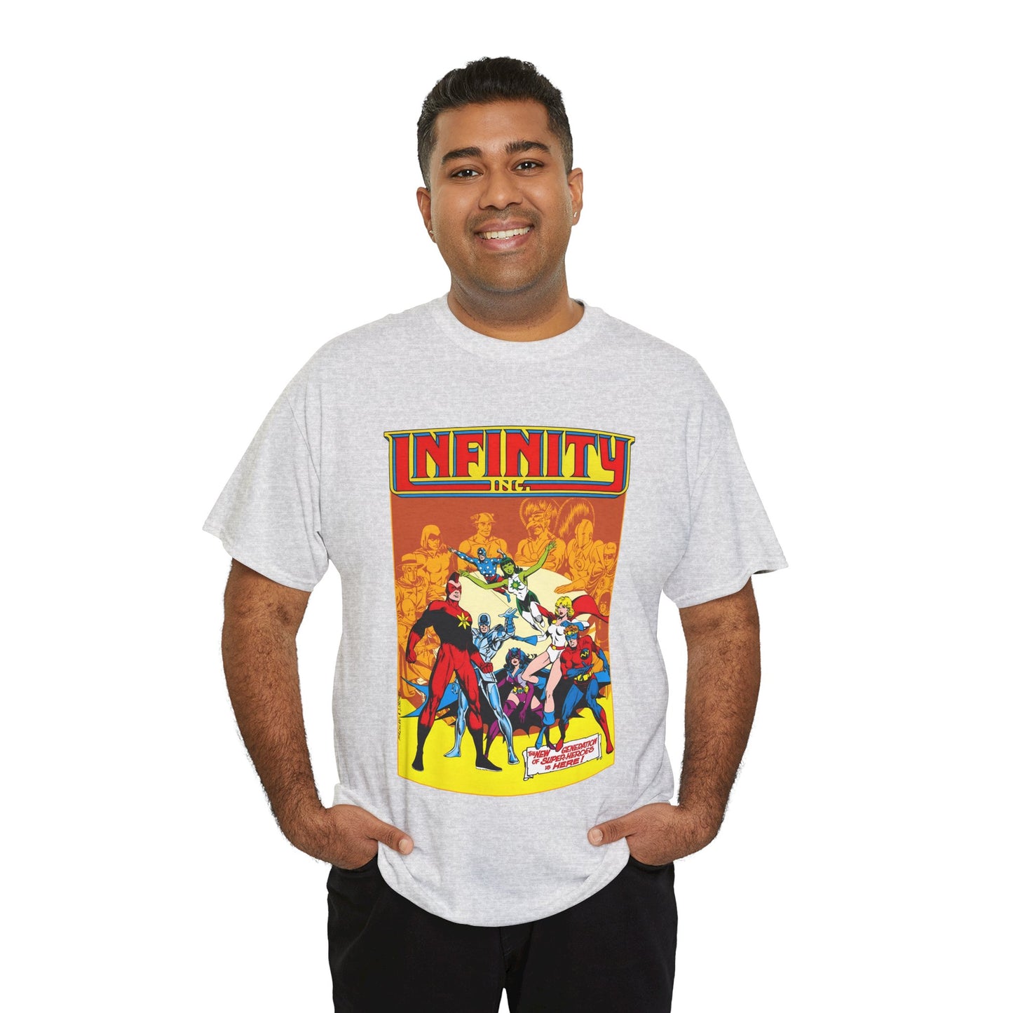 Infinity, Inc T-Shirt - Jerry Ordway Art - Silver Scarab, Huntress, Power Girl, Star-Spangled Kid, Fury, Jade - DC Comics - 1980s JSA Spin-Off Series