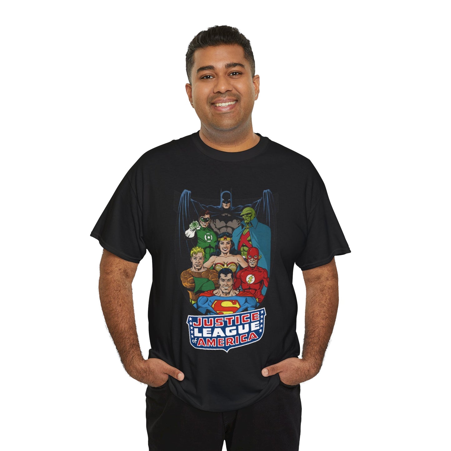 Justice League of America T-Shirt - George Perez Art - Superman, Wonder Woman, Batman, Aquaman, Martian Manhunter, Flash, Green Lantern - DC Comics