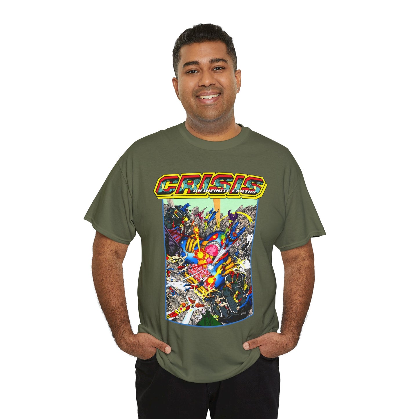 Crisis on Infinite Earths T-Shirt - George Perez Art - Superman, Firestorm, Captain Atom, Wonder Woman, Martian Manhunter Vs The Anti-Monitor - #12 Cover - DC Comics