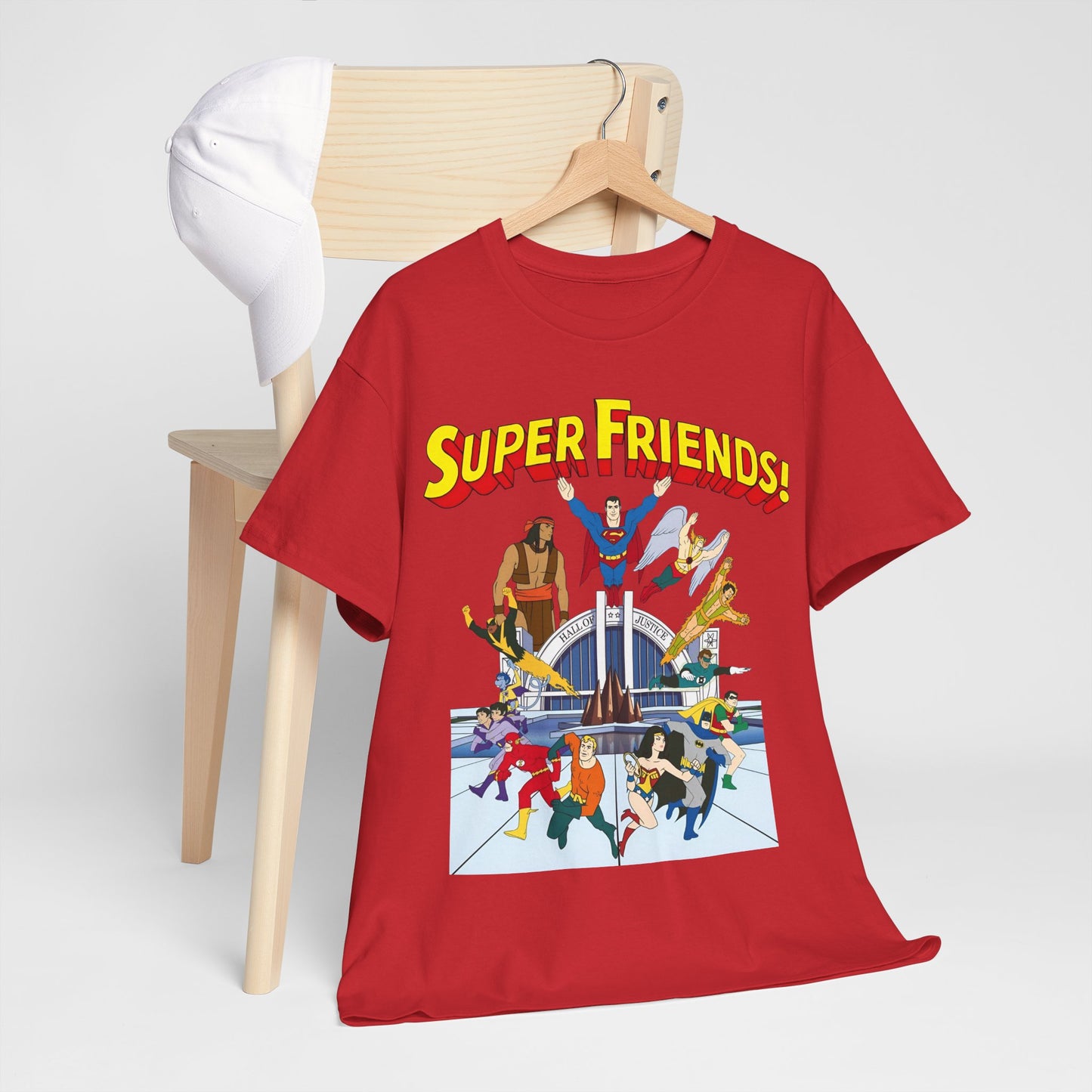 Super Friends T-Shirt - DC Hanna-Barbera - Superman, Wonder Woman, Black Vulcan, Batman, The Wonder Twins, Apache Chief, Hall of Justice
