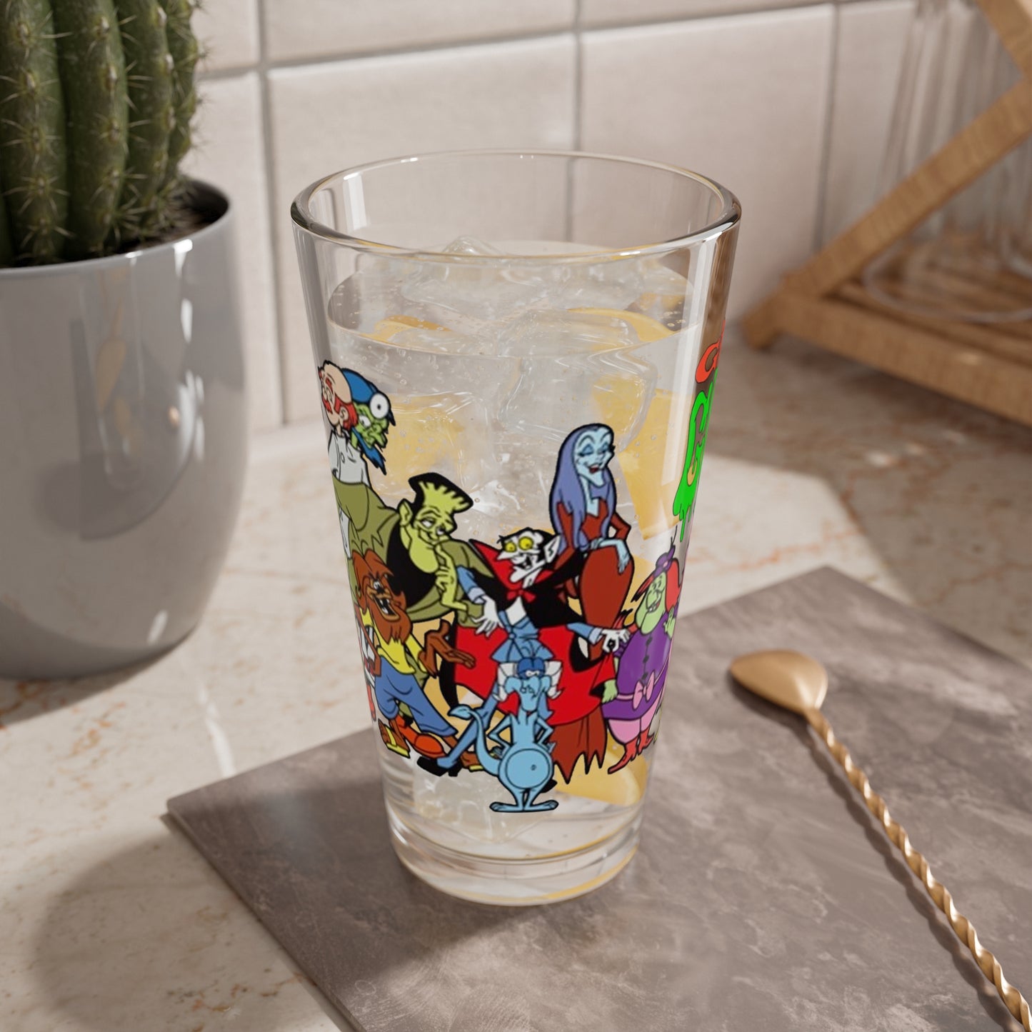 Groovie Goolies Pint Glass, 16oz - The Monster Trio (Drac, Frankie, Wolfie) - Hagatha, Bella La Ghostly, Boneapart, Mummy - Horrible Hall on Horrible Drive - Filmation Cartoon
