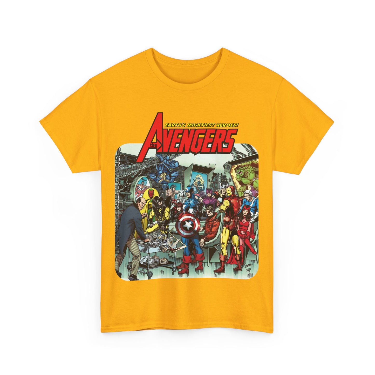 Classic Avengers T-Shirt - George Perez Art - Captain America, Hawkeye, Iron Man, Vision, Scarlet Witch, Quicksilver, Jarvis - Marvel Comics