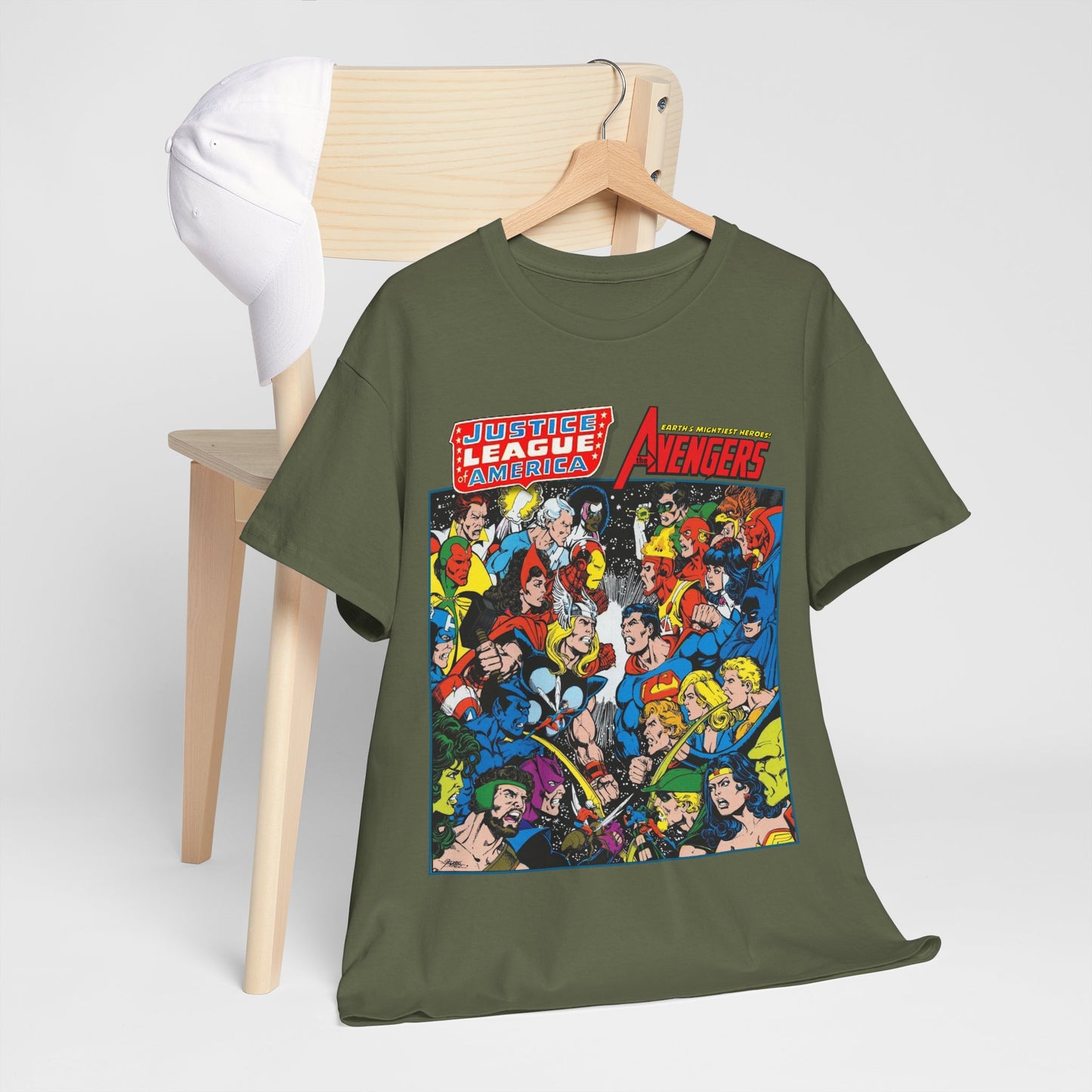 Justice League/Avengers T-Shirt - DC & Marvel Comics Art - George Perez - JLA - Batman, Captain America, Iron Man, Green Lantern