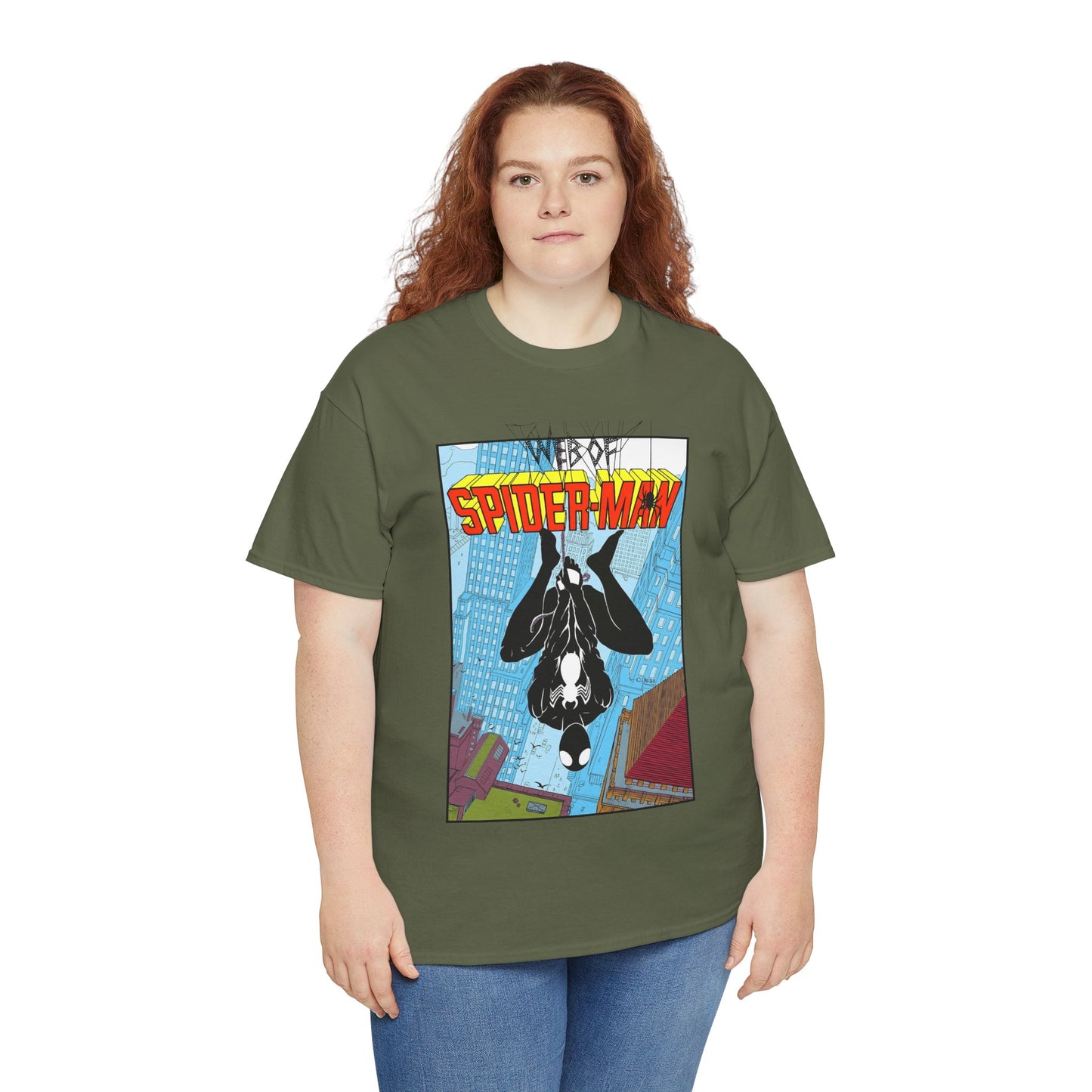 Web of Spider-Man T-Shirt - Charles Vess Art - Peter Parker, Web Slinger - Manhattan Skyline - Spidey Black Suit - Marvel Comics