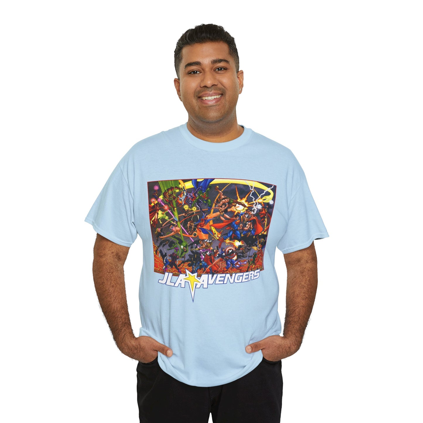 Avengers Vs JLA T-Shirt - Stunning George Perez Art - Marvel & DC Comics Crossover - Thor, Superman, Wonder Woman, Hercules, Iron Man, Batman, Black Canary, Scarlet Witch, Wonder Man, Martian Manhunter