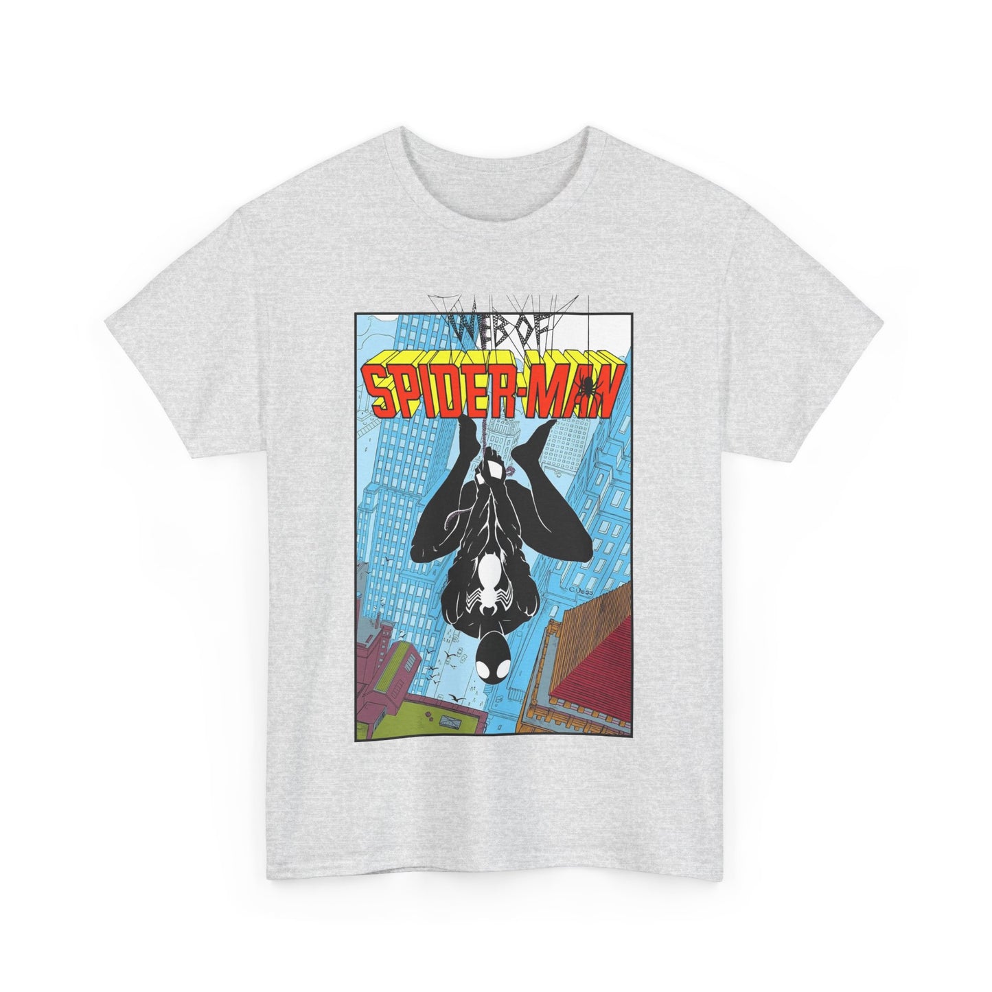 Web of Spider-Man T-Shirt - Charles Vess Art - Peter Parker, Web Slinger - Manhattan Skyline - Spidey Black Suit - Marvel Comics