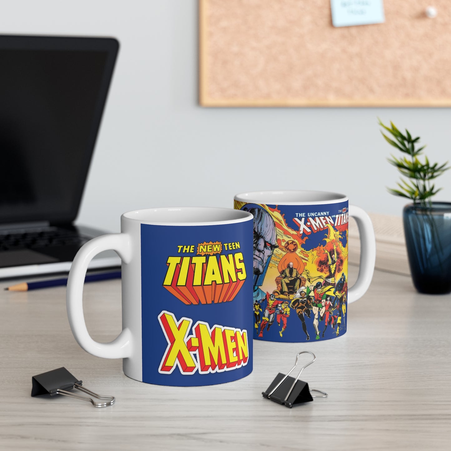 New Teen Titans, Uncanny X-Men Coffee Mug, 11oz - DC & Marvel Comics Crossover - Walt Simonson Art - Cyclops, Wolverine, Dark Phoenix, Cyborg, Raven, Darkseid