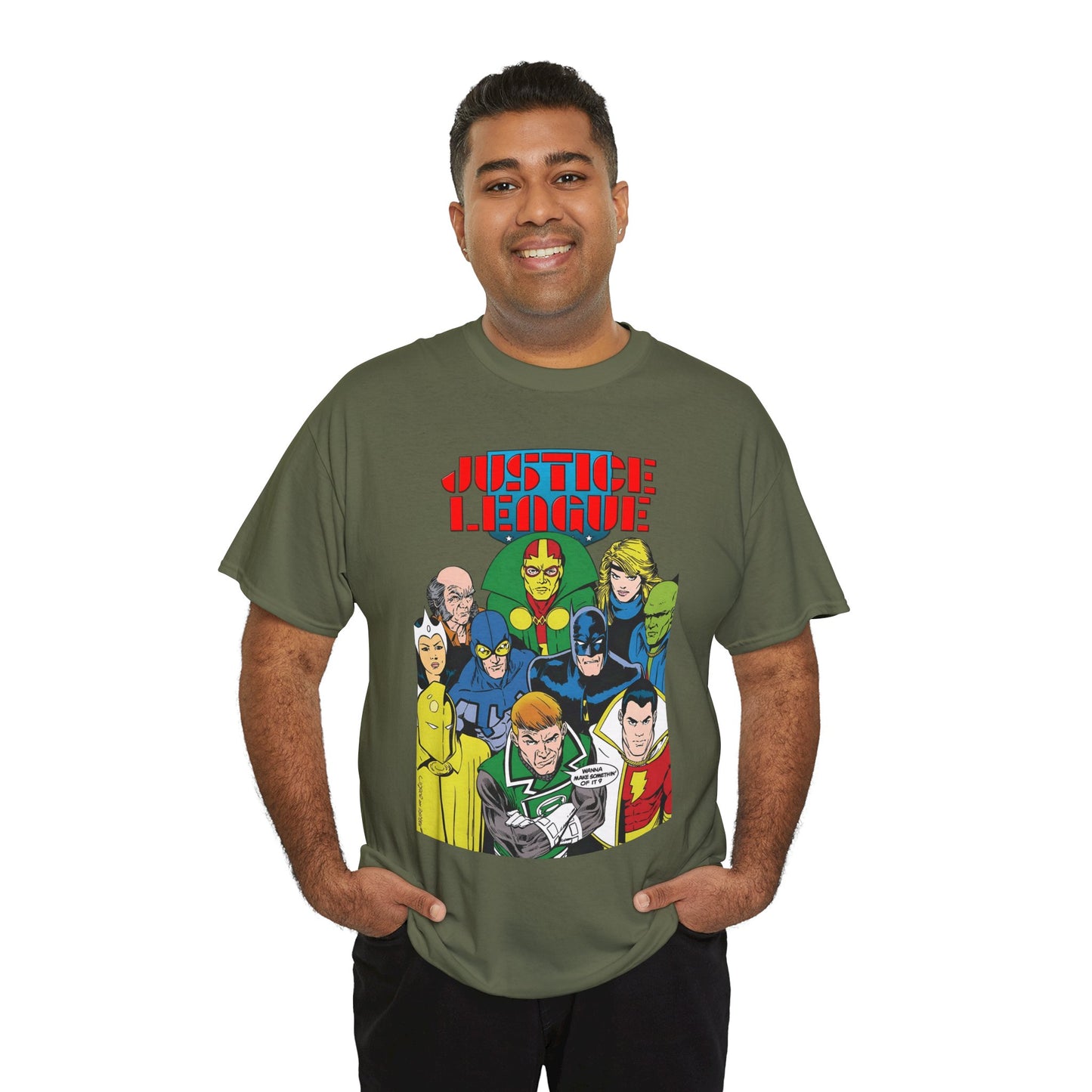 Justice League International T-Shirt - Kevin Maguire Art - JLI - DC Comics - Blue Beetle, Dr Fate, Batman, Mr Miracle, Martian Manhunter - Guy Gardner
