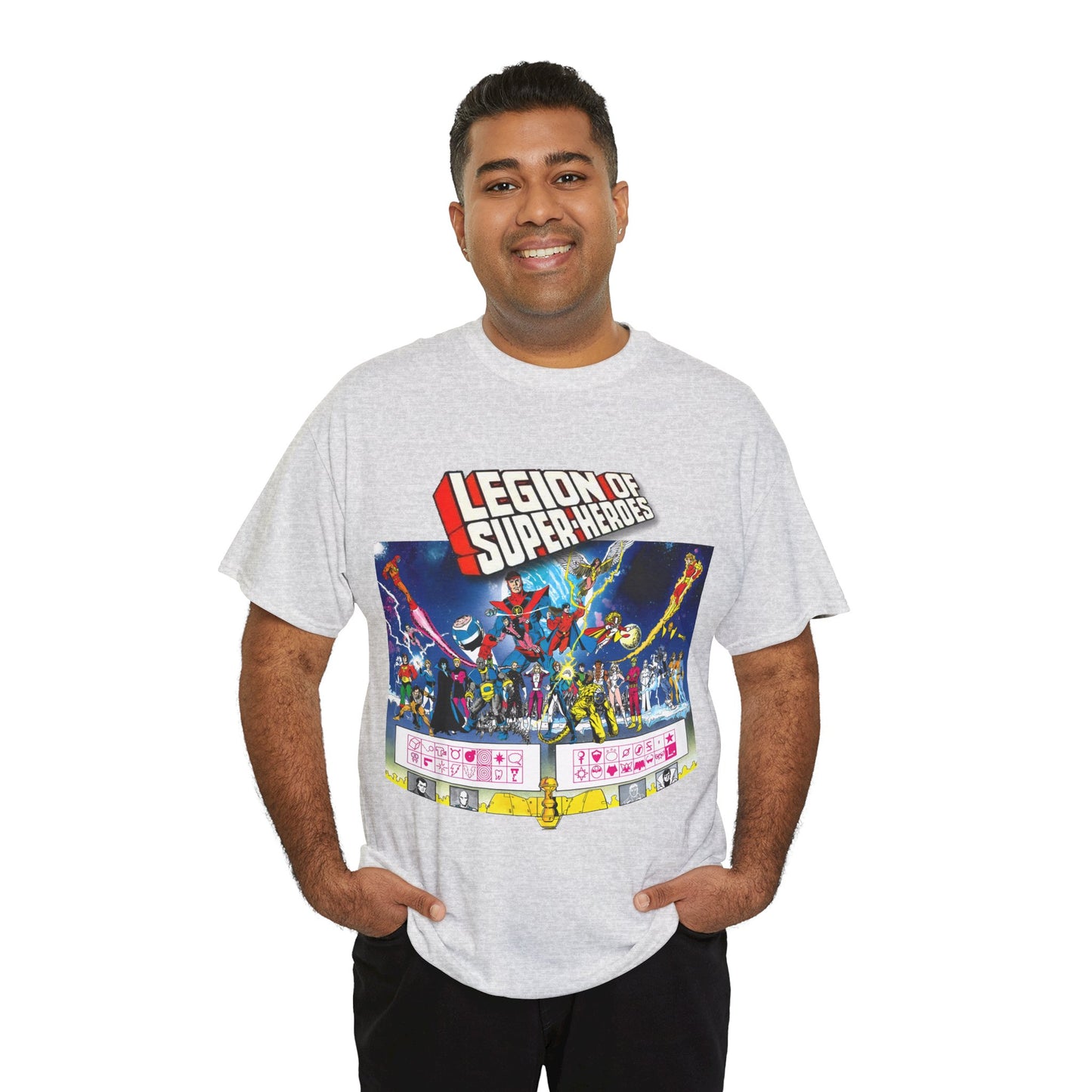 Legion of Super-Heroes T-Shirt - Gorgeous George Perez Art - History of the DC Universe - Lightning Lad, Timber Wolf, Wildfire, Sun Boy, Chamelon Boy - DC Comics