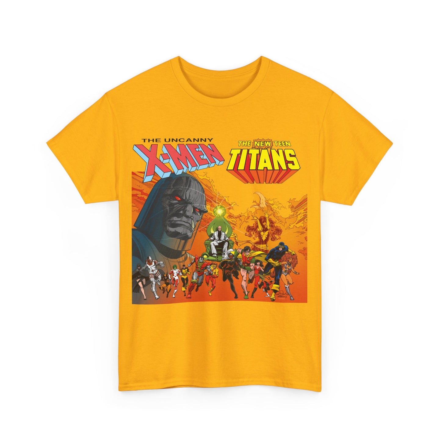 X-Men & New Teen Titans T-Shirt - Walt Simonson Art - Marvel & DC Comics Crossover - Wolverine, Raven, Storm, Cyclops, Robin, Cyborg, Colossus, Dark Phoenix, Darkseid
