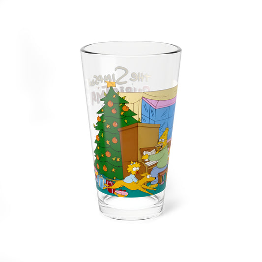 Simpsons Family Christmas Pint Glass, 16oz - Homer, Marge, Bart, Lisa, Maggie, Grandpa, Santa's Little Helper