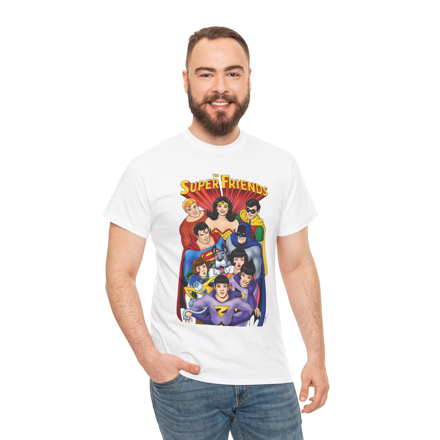 Super Friends T-Shirt - Kevin Maguire Art - Wonder Twins, Gleek, Superman, Wonder Woman Batman - DC Comics - Based on 1970s Hanna-Barbera Cartoon