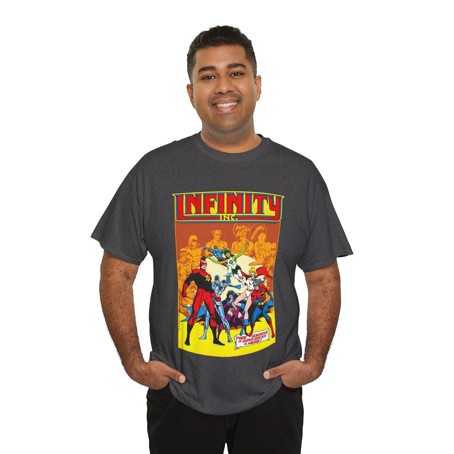 Infinity, Inc T-Shirt - Jerry Ordway Art - Silver Scarab, Huntress, Power Girl, Star-Spangled Kid, Fury, Jade - DC Comics - 1980s JSA Spin-Off Series