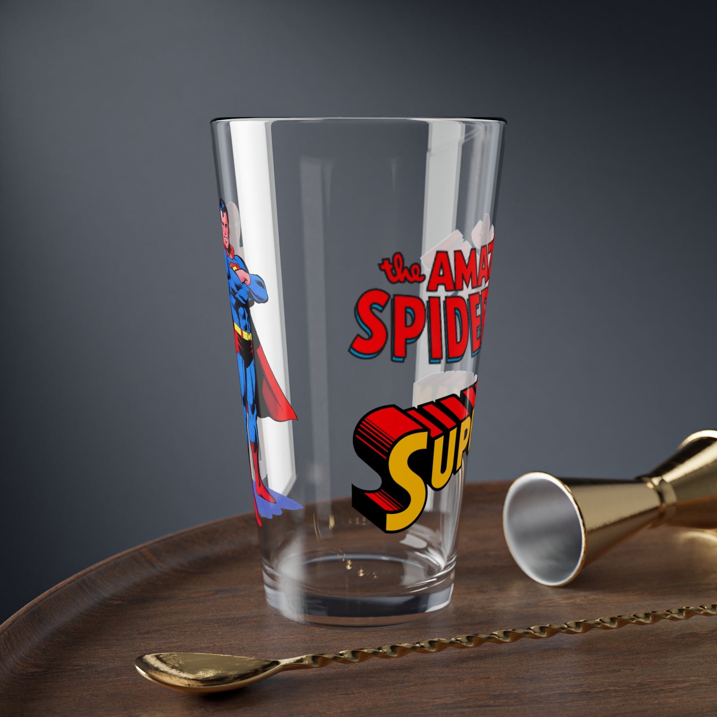 Amazing Spider-Man & Superman Pint Glass, 16oz - DC & Marvel Comics Crossover - 1970s Retro Art