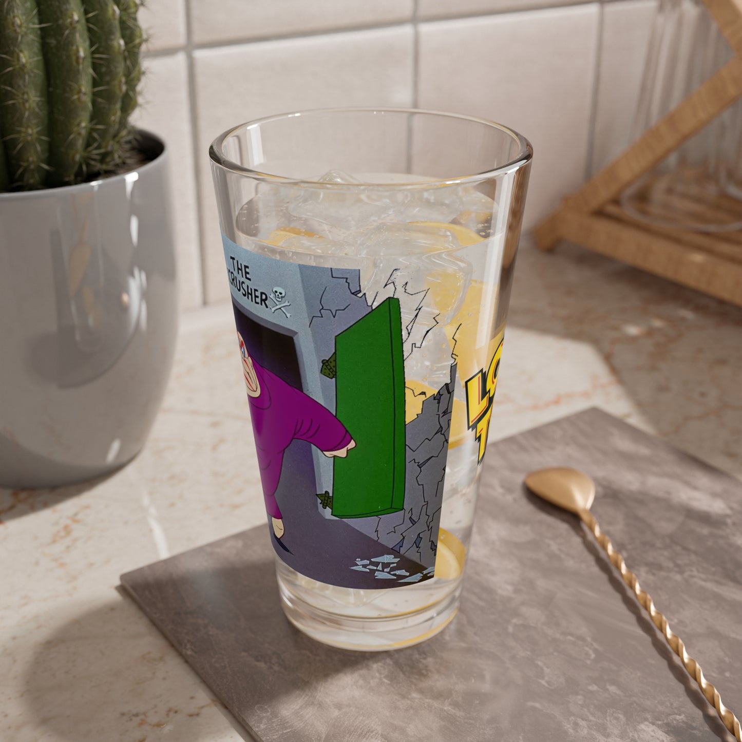 The Crusher Pint Glass, 16oz - Looney Tunes Art - Bunny Hugged - Wrestling Cartoon - Bugs Bunny Foe