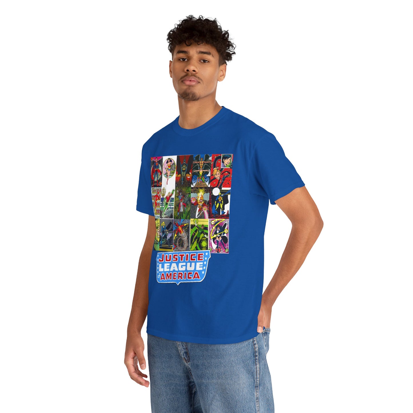 JLA Postcard T-Shirt - George Perez Art - Zatanna, Green Lantern, Flash, Batman, Hawkman, Wonder Woman, Firestorm - Justice League of America - DC Comics