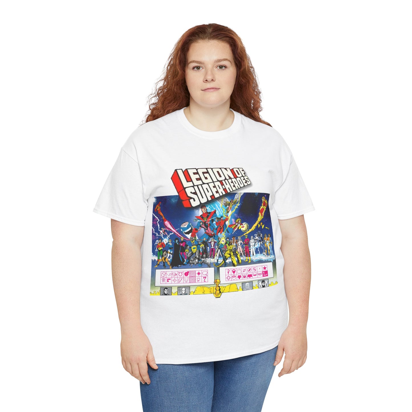 Legion of Super-Heroes T-Shirt - Gorgeous George Perez Art - History of the DC Universe - Lightning Lad, Timber Wolf, Wildfire, Sun Boy, Chamelon Boy - DC Comics
