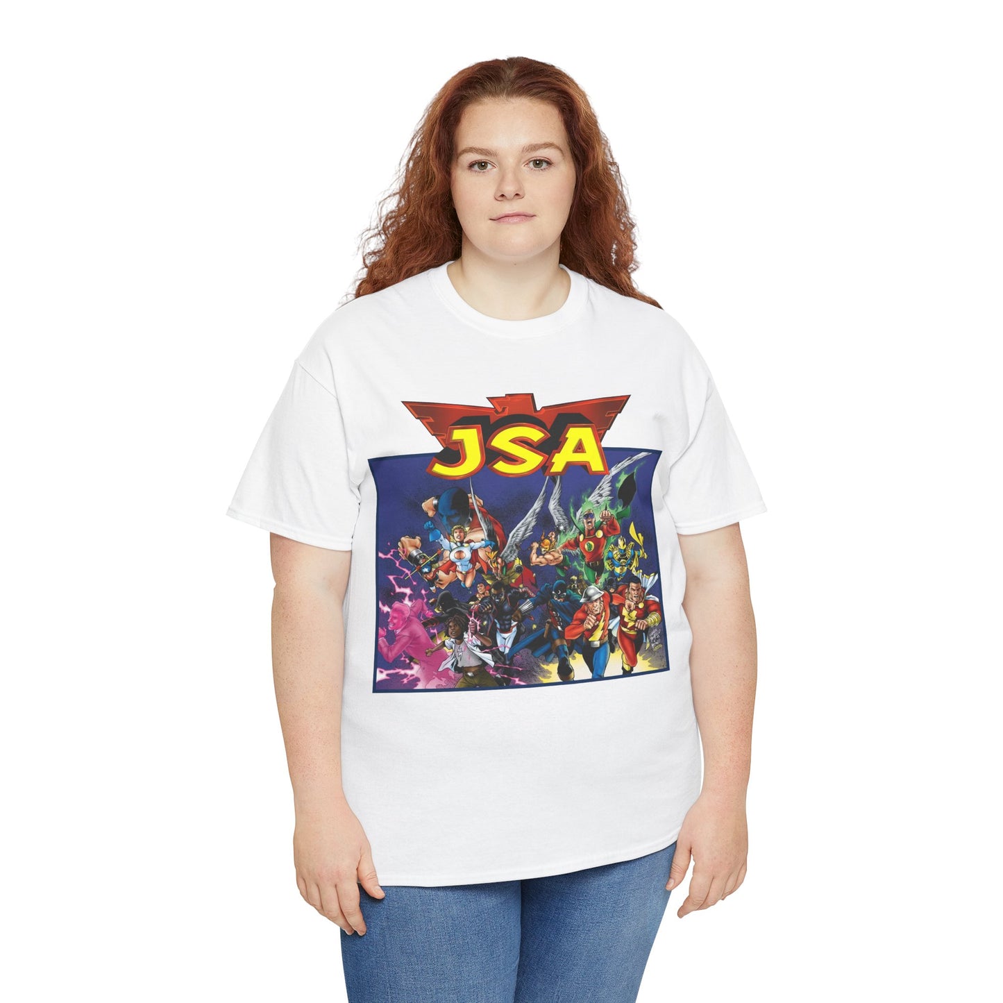 JSA T-Shirt - Carlos Pacheco Art - Green Lantern, Power Girl, Hawkgirl, Black Adam, Flash, Dr Fate, Hawkman - DC Comics - Justice Society of America