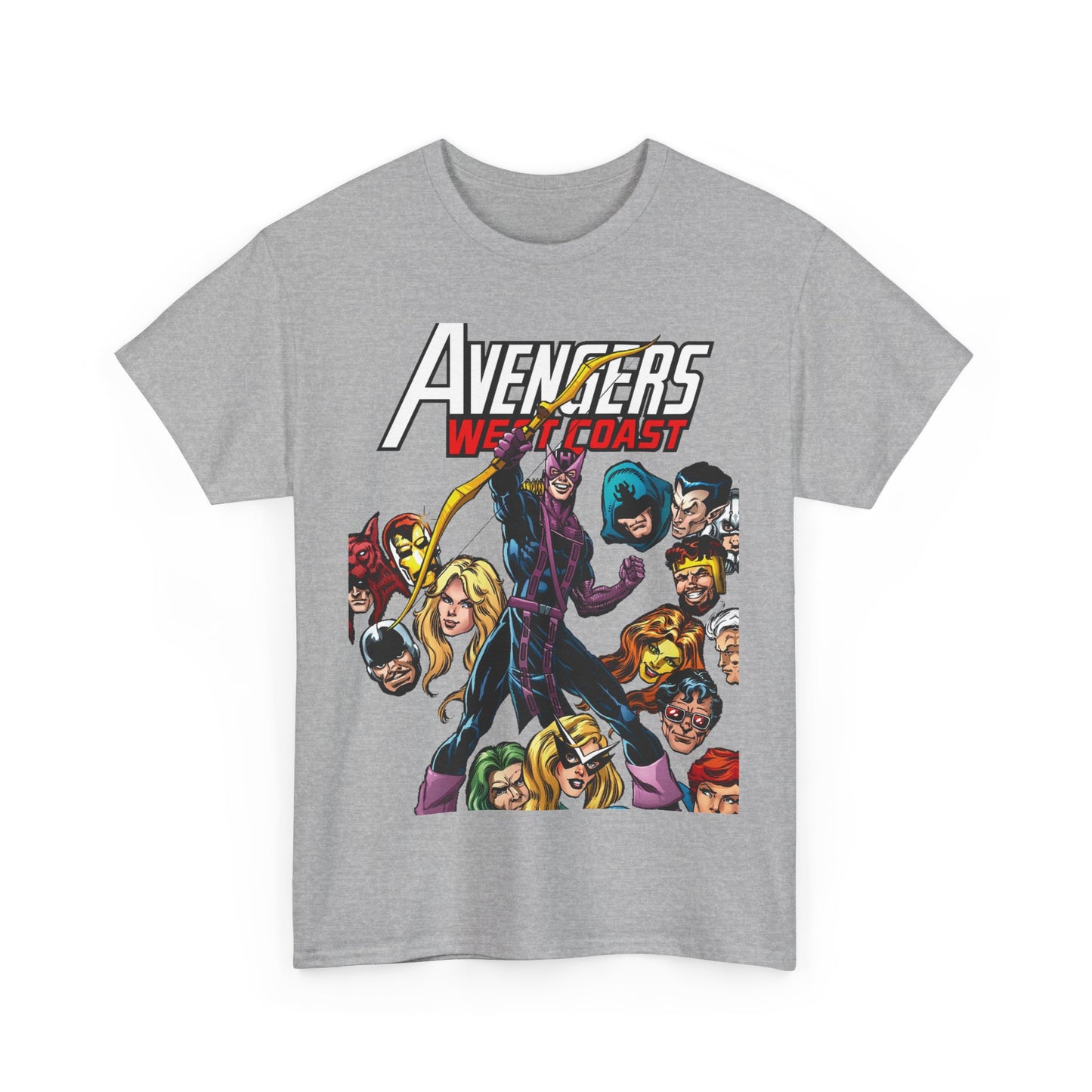 Avengers West Coast T-Shirt - Bob Hall Art - Hawkeye, Iron Man, Wonder Man, Tigra, Mockingbird - Marvel Comics Team