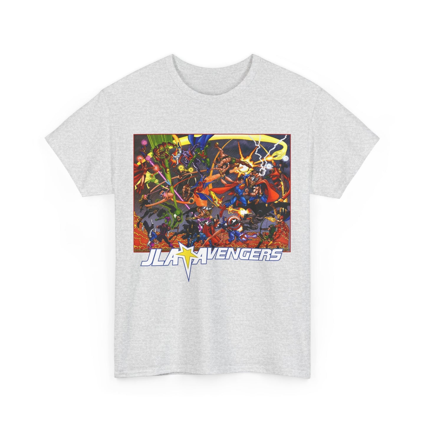 Avengers Vs JLA T-Shirt - Stunning George Perez Art - Marvel & DC Comics Crossover - Thor, Superman, Wonder Woman, Hercules, Iron Man, Batman, Black Canary, Scarlet Witch, Wonder Man, Martian Manhunter