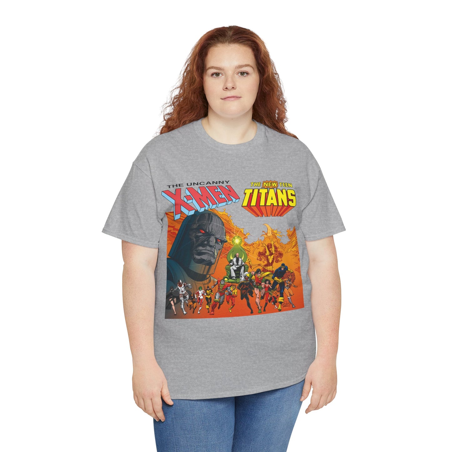 X-Men & New Teen Titans T-Shirt - Walt Simonson Art - Marvel & DC Comics Crossover - Wolverine, Raven, Storm, Cyclops, Robin, Cyborg, Colossus, Dark Phoenix, Darkseid