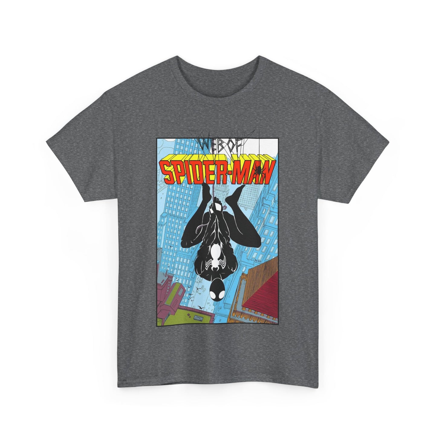 Web of Spider-Man T-Shirt - Charles Vess Art - Peter Parker, Web Slinger - Manhattan Skyline - Spidey Black Suit - Marvel Comics