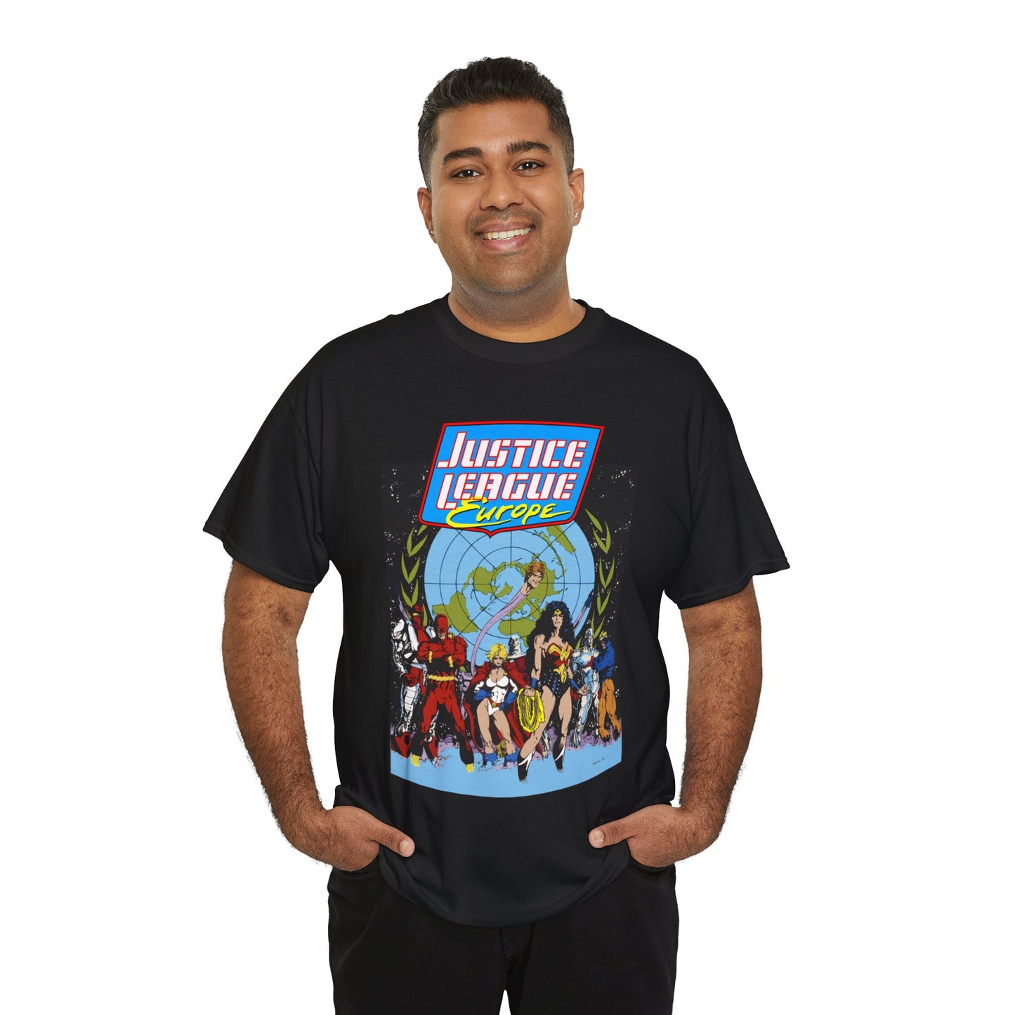 Justice League Europe T-Shirt - Bart Sears Art - Wonder Woman, Flash, Captain Atom, Animal Man, Elongated Man, Power Girl, Metamorpho - JLI Spin-Off - DC Comics