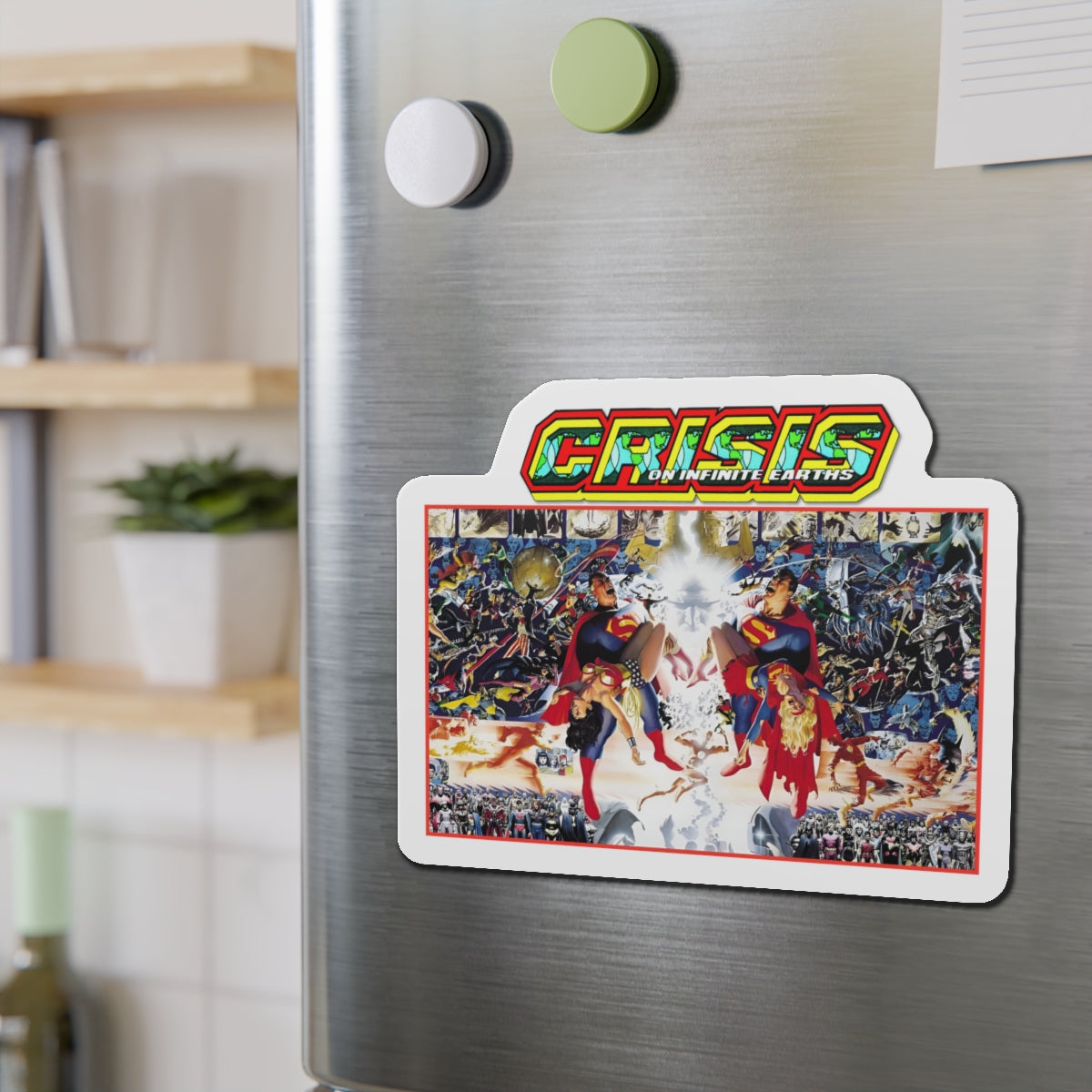 Crisis on Infinite Earths Die-Cut Magnet - George Perez & Alex Ross Art - Superman, Wonder Woman, Supergirl, Flash - DC Comics Classic Image - 3", 4", 5", 6"