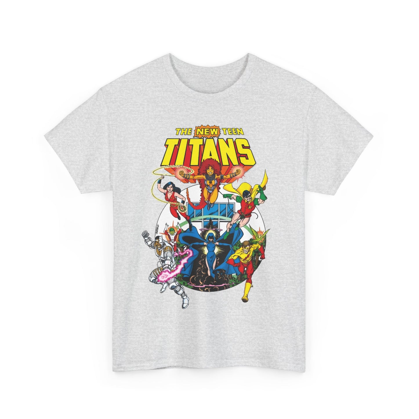 New Teen Titans T-Shirt - Classic George Perez Art - Cyborg, Raven, Starfire, Robin, Wonder Girl, Changeling, Kid Flash - Titans Tower - Popular DC Comics 1980s Series