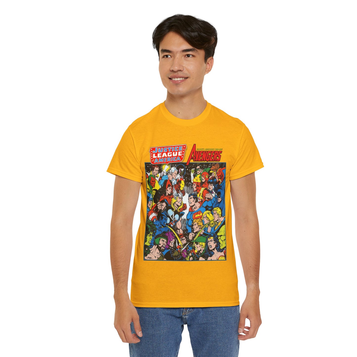 Justice League/Avengers T-Shirt - DC & Marvel Comics Art - George Perez - JLA - Batman, Captain America, Iron Man, Green Lantern