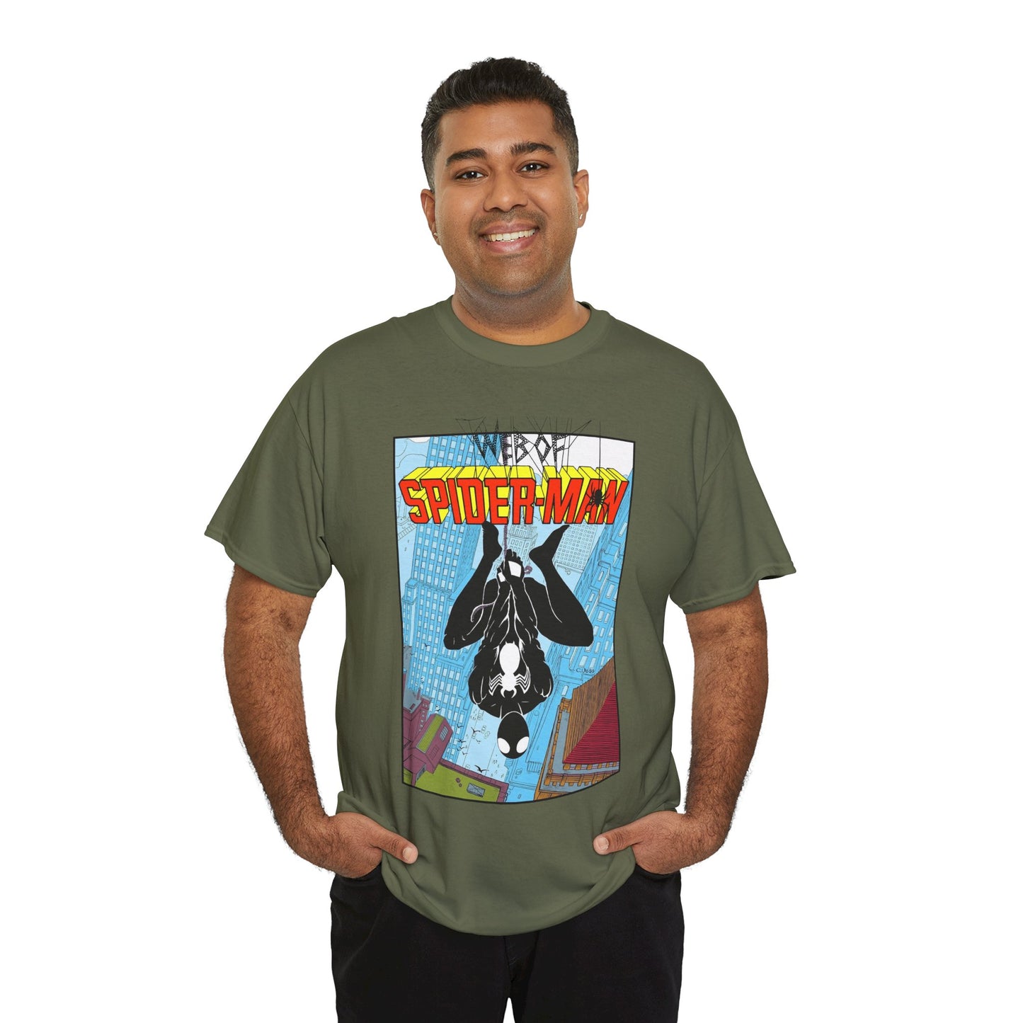 Web of Spider-Man T-Shirt - Charles Vess Art - Peter Parker, Web Slinger - Manhattan Skyline - Spidey Black Suit - Marvel Comics