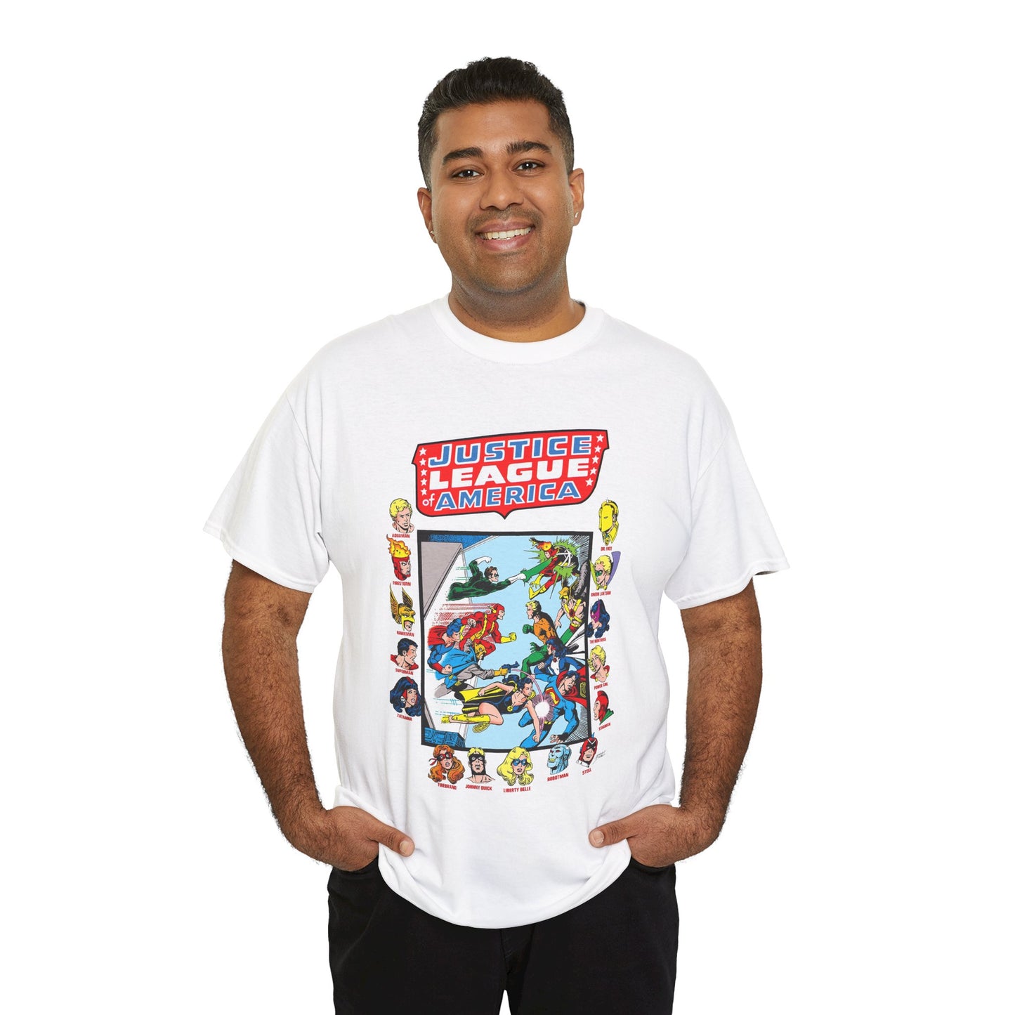 JLA & JSA T-Shirt - George Perez Art - All-Star Squadron - Firestorm, Huntress, Starman, Zatanna, Liberty Belle, Superman, Robotman, Firebrand, Dr Fate - DC Comics