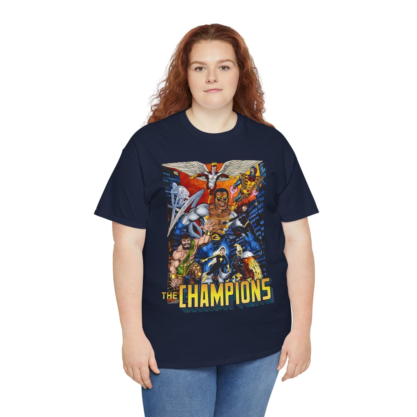 Champions T-Shirt - John Byrne Art - Hercules, Black Widow, Ghost Rider, Black Goliath, Silver Surfer, Jack of Hearts - Marvel Comics 1970s Series