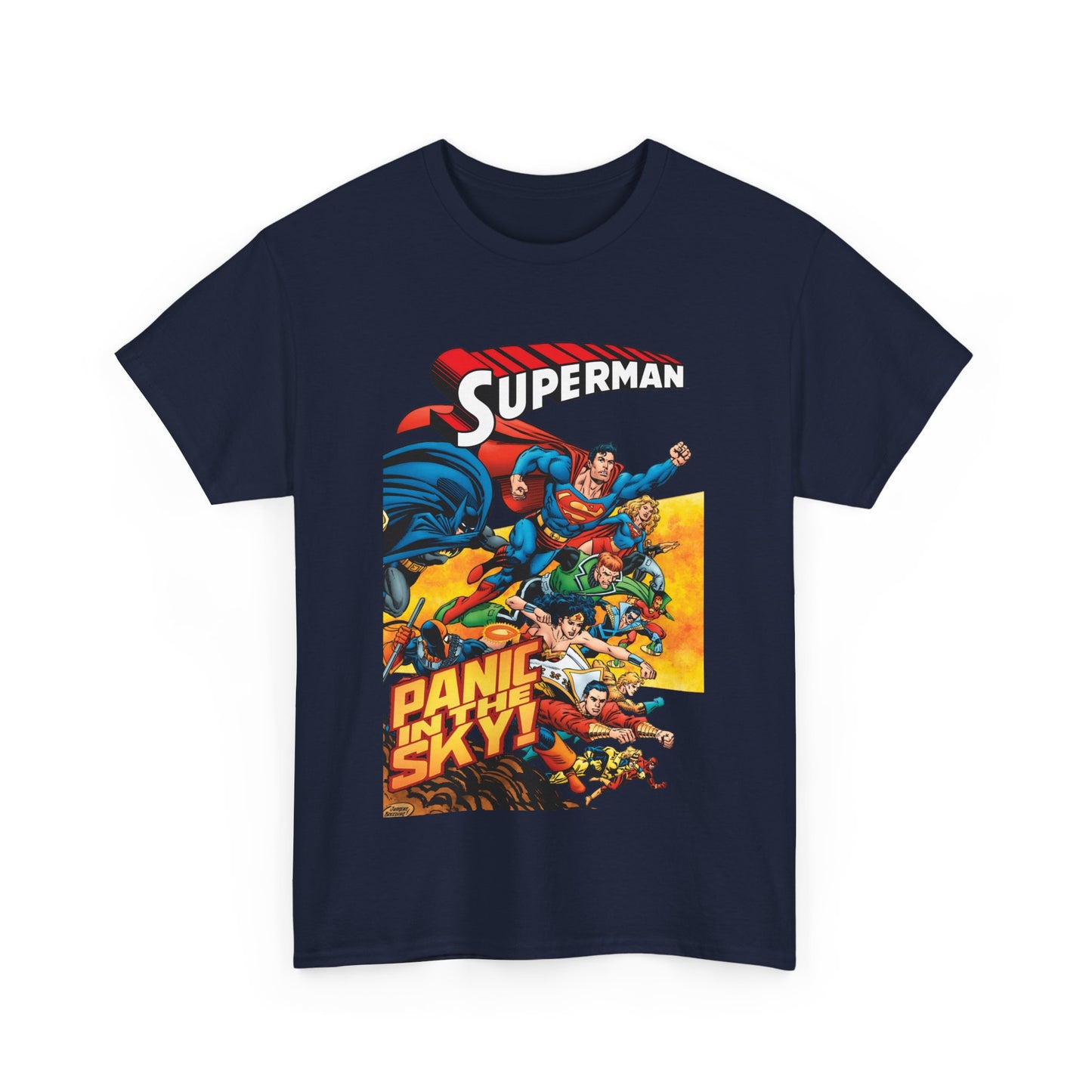 Superman - Panic in the Sky T-Shirt - Dan Jurgens Art - Vs Brainiac & Maxima - Wonder Woman, Booster Gold, Shazam, Batman, Flash, Aquaman, Supergirl - DC Comics