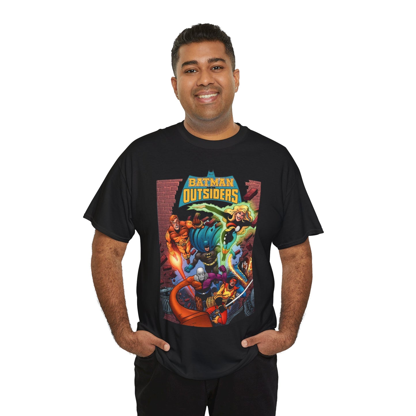 Batman & the Outsiders T-Shirt - Jim Aparo Art - Metamorpho, Katana, Halo, Black Lightning, Geo-Force - DC Comics