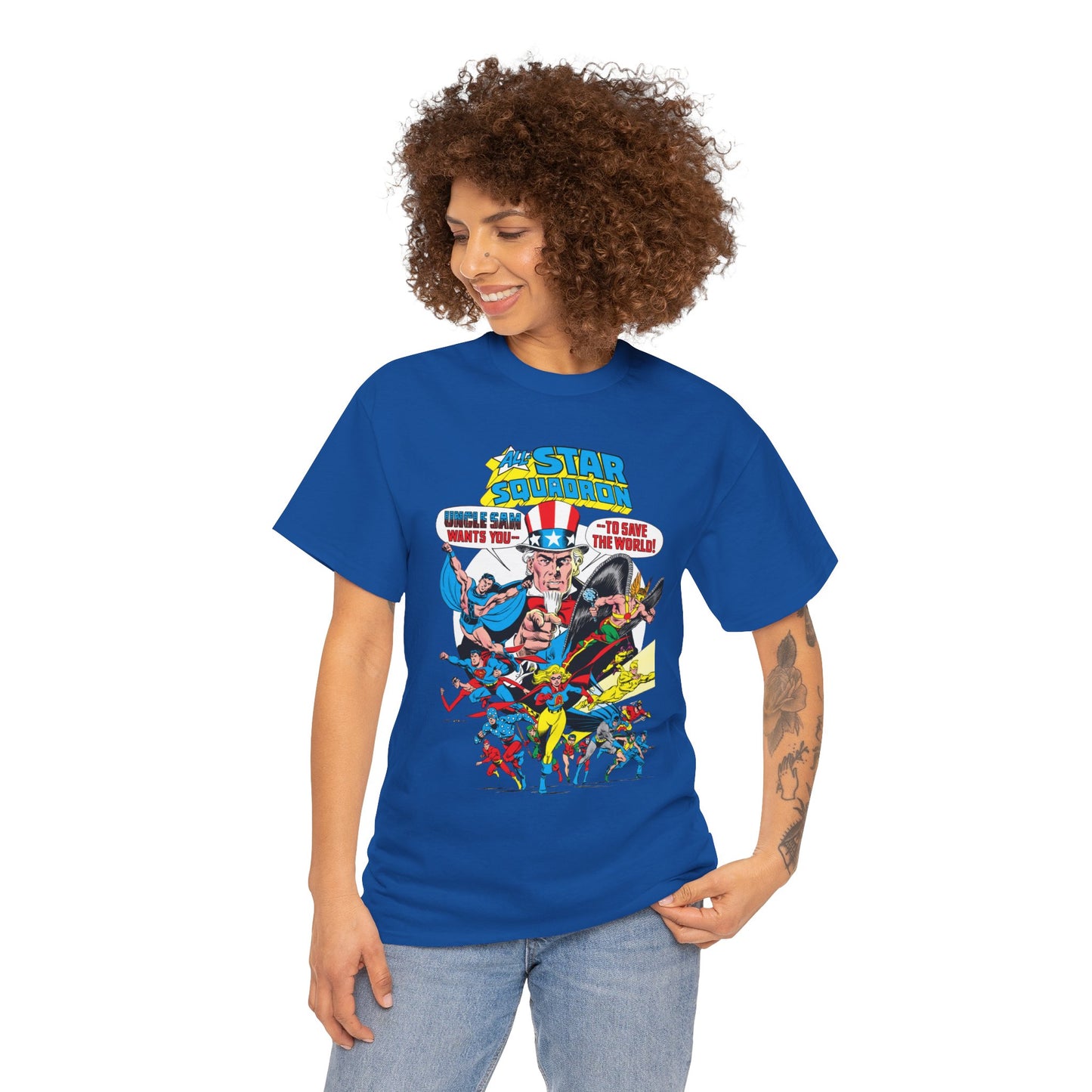 All-Star Squadron T-Shirt - Jerry Ordway Art - Uncle Sam, Hawkman, Superman, Liberty Belle, Black Condor, the Ray, Batman, Plastic Man - JSA Link - DC Comics