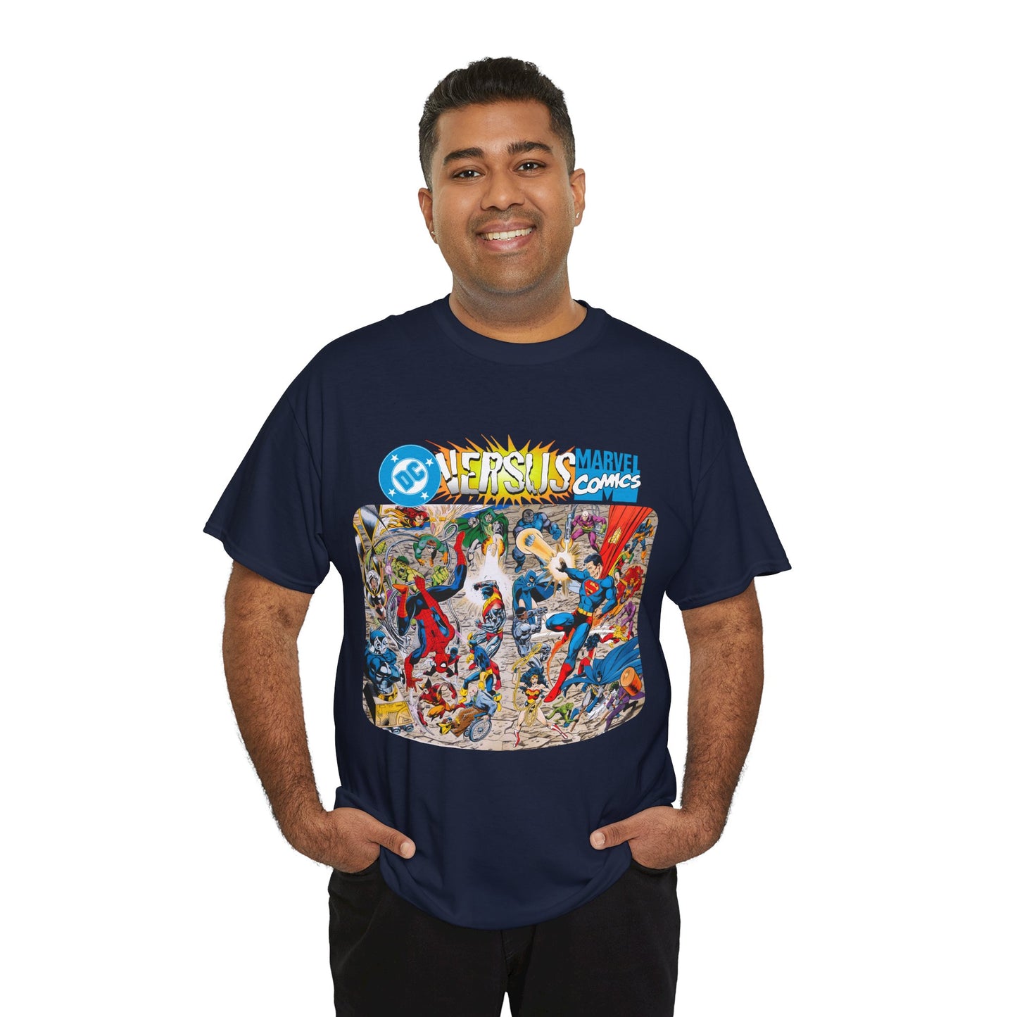 DC Comics Vs Marvel T-Shirt - John Byrne Art - Spider-Man, Raven, Cyborg, Wolverine, Joker, Superman, Batman, Deathstroke, Darkseid