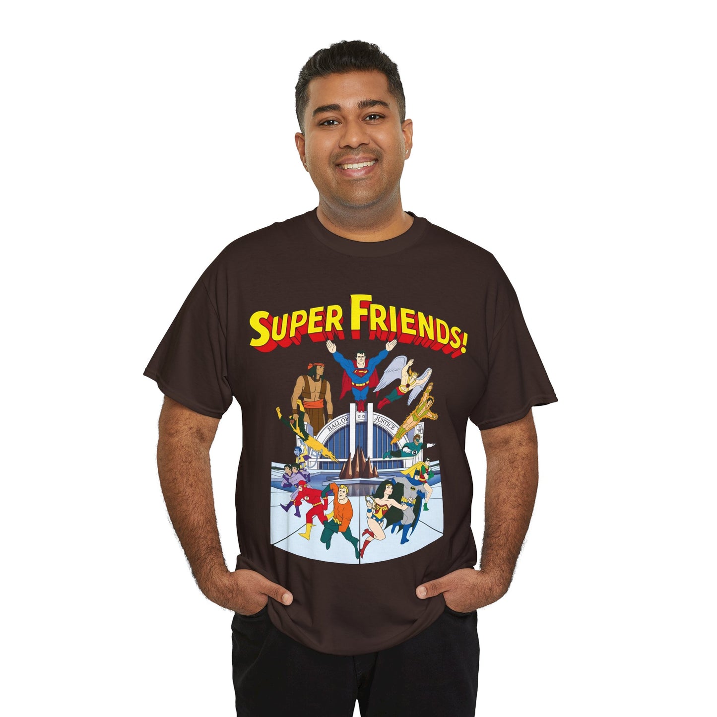 Super Friends T-Shirt - DC Hanna-Barbera - Superman, Wonder Woman, Black Vulcan, Batman, The Wonder Twins, Apache Chief, Hall of Justice
